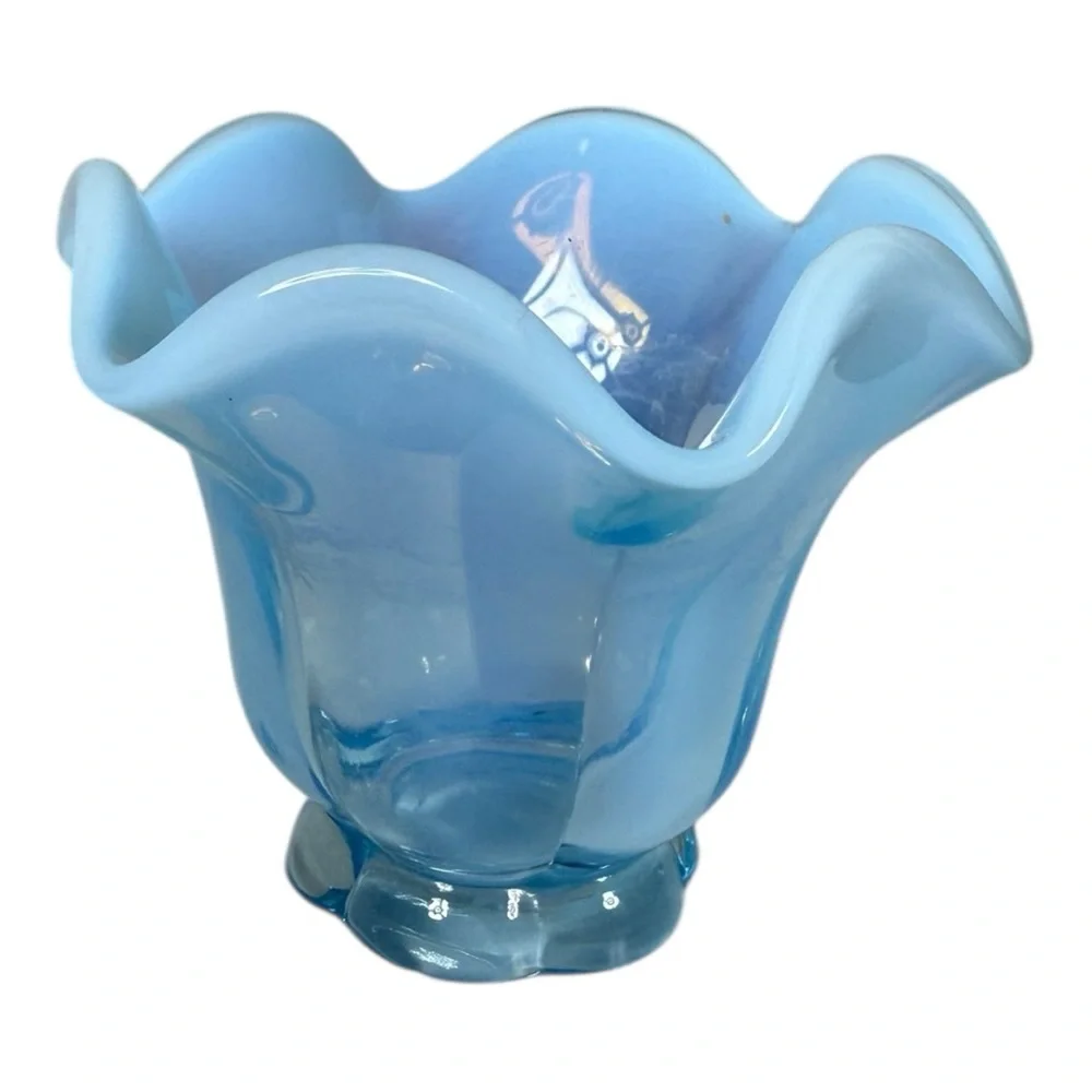 Opalescent Blue Ruffled Glass Vase